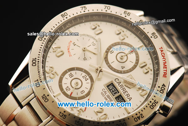 Tag Heuer Carrera Calibre 16 Automatic Movement Full Steel with White Dial and Arabic Numerals - Click Image to Close